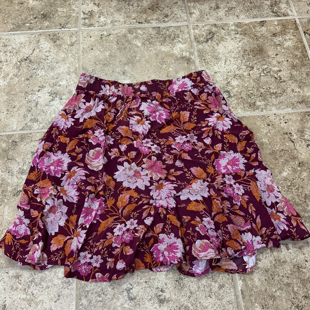LOFT Red and Purple Tiered Skater Mini Skirt